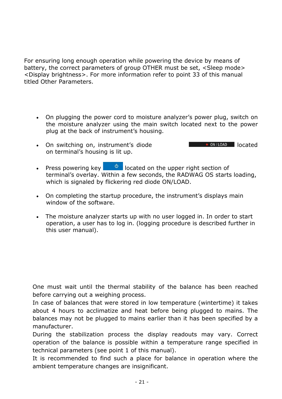 Startup, Temperature stabilization period of time | RADWAG MA 200.3Y Moisture Analyzer User Manual | Page 21 / 170