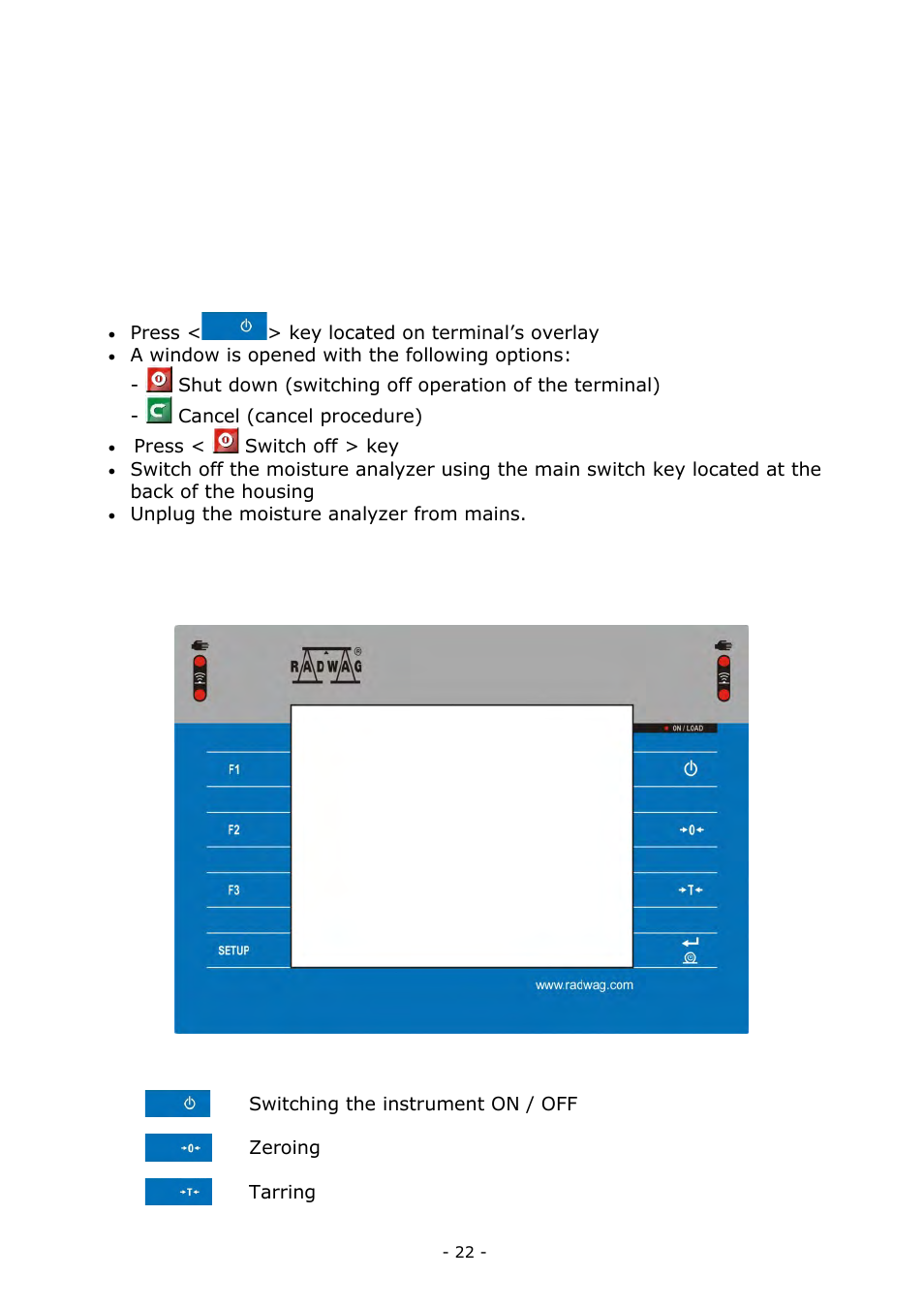 Moisture analyzer switching off, Keyboard – function keys | RADWAG MA 200.3Y Moisture Analyzer User Manual | Page 22 / 170