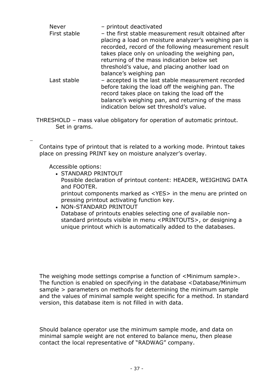 Minimum sample weight | RADWAG MA 200.3Y Moisture Analyzer User Manual | Page 37 / 170