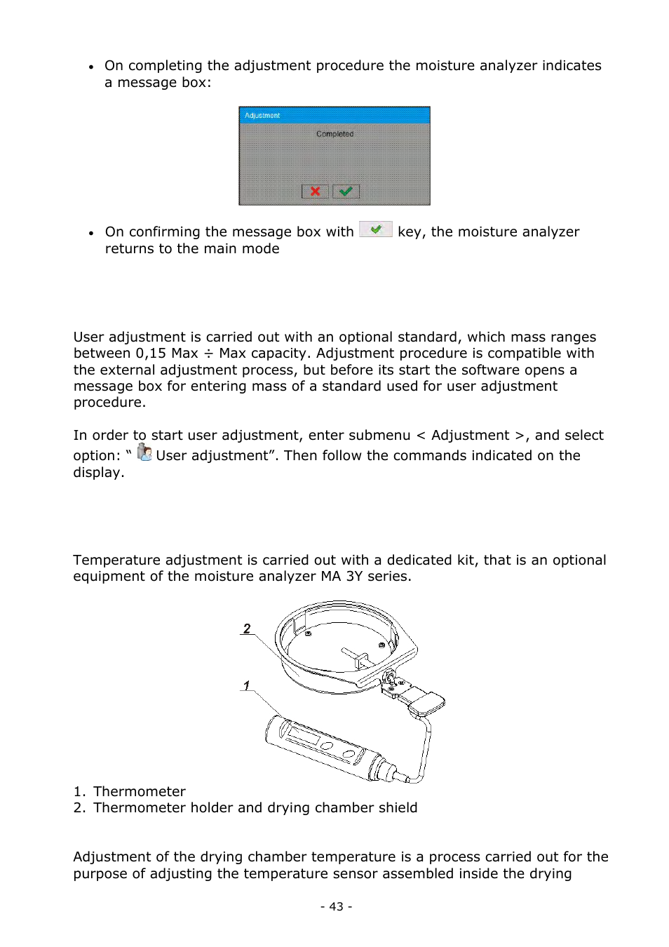 User adjustment, Temperature adjustment, User adjustment 12.3. temperature adjustment | RADWAG MA 200.3Y Moisture Analyzer User Manual | Page 43 / 170