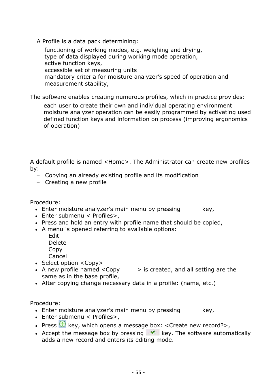 Profiles, Creating a profile | RADWAG MA 200.3Y Moisture Analyzer User Manual | Page 55 / 170