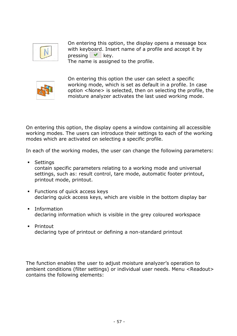 Settings, Working modes, Readout | Settings 15.4. working modes 15.5. readout | RADWAG MA 200.3Y Moisture Analyzer User Manual | Page 57 / 170