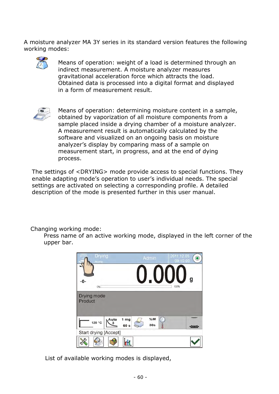 Working modes – general information, Working mode selection | RADWAG MA 200.3Y Moisture Analyzer User Manual | Page 60 / 170