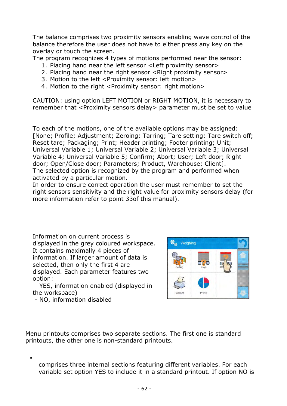 Proximity sensors, Information, Printouts | Information 16.5. printouts | RADWAG MA 200.3Y Moisture Analyzer User Manual | Page 62 / 170