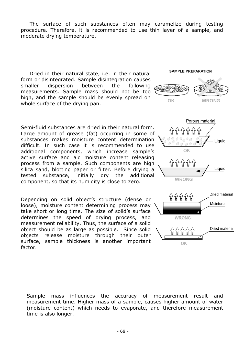 Sample distribution on drying pan, Selection of drying parameters, Selecting optimum sample mass | RADWAG MA 200.3Y Moisture Analyzer User Manual | Page 68 / 170