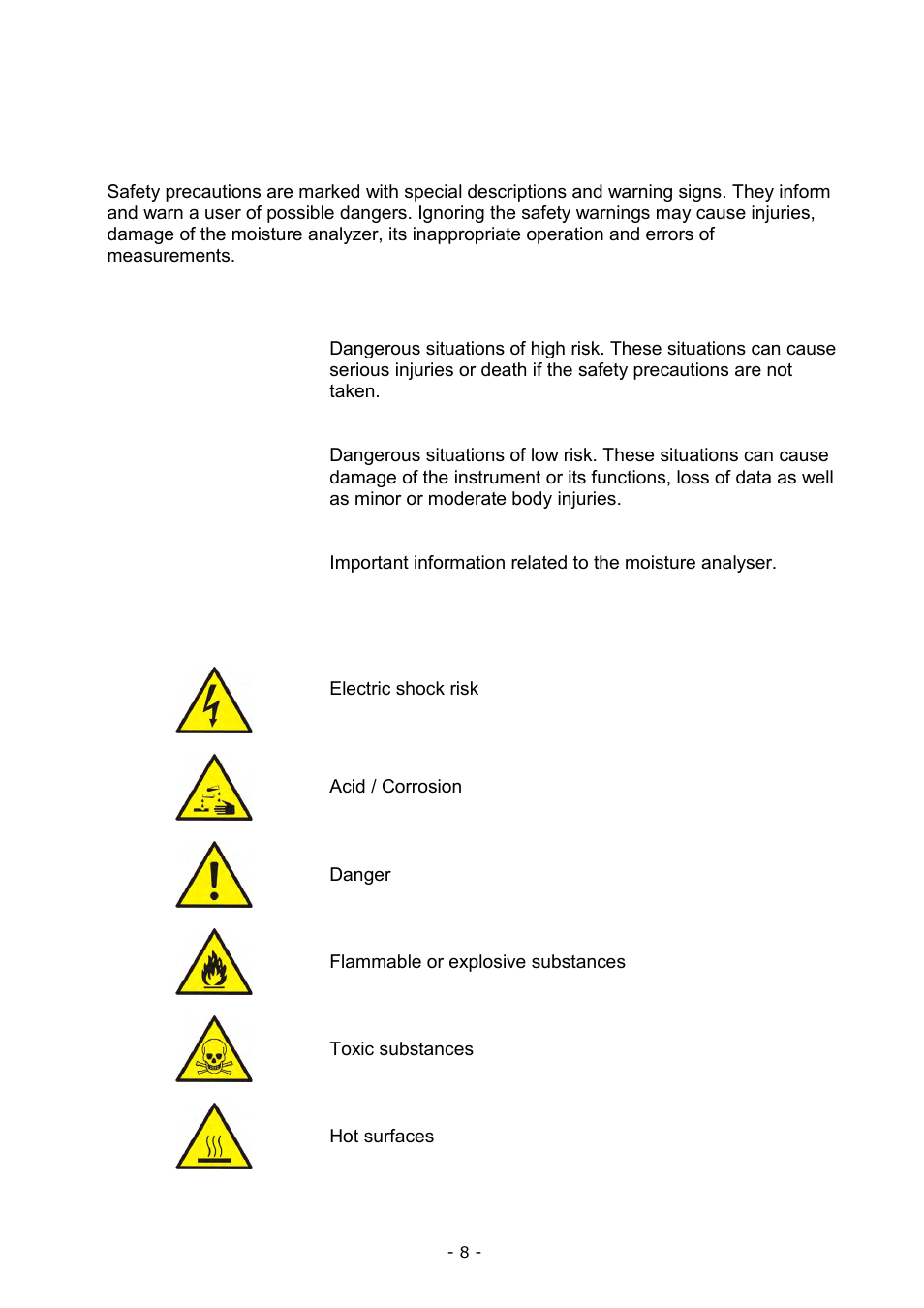 General safety information, Definitions of signals and warning signs, 1 warning descriptions | 2 warning signs | RADWAG MA 200.3Y Moisture Analyzer User Manual | Page 8 / 170