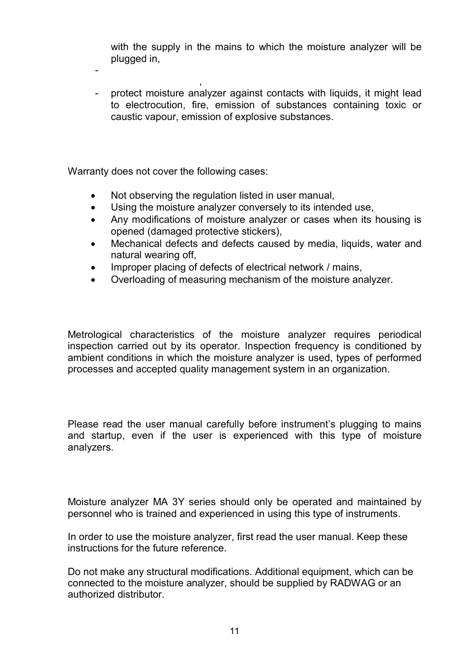 Warranty, Data included in this user manual, Staff competence | RADWAG MAC 210 Moisture Analyzer User Manual | Page 11 / 60