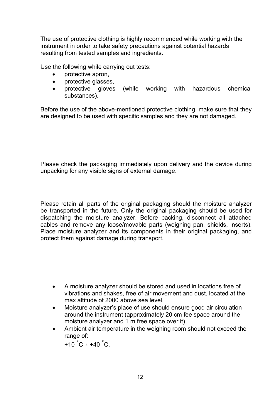 Protective clothing, Transport i storage, Delivery check | Packaging, Unpacking, assembling and startup, Assembling and place of use | RADWAG MAC 210 Moisture Analyzer User Manual | Page 12 / 60