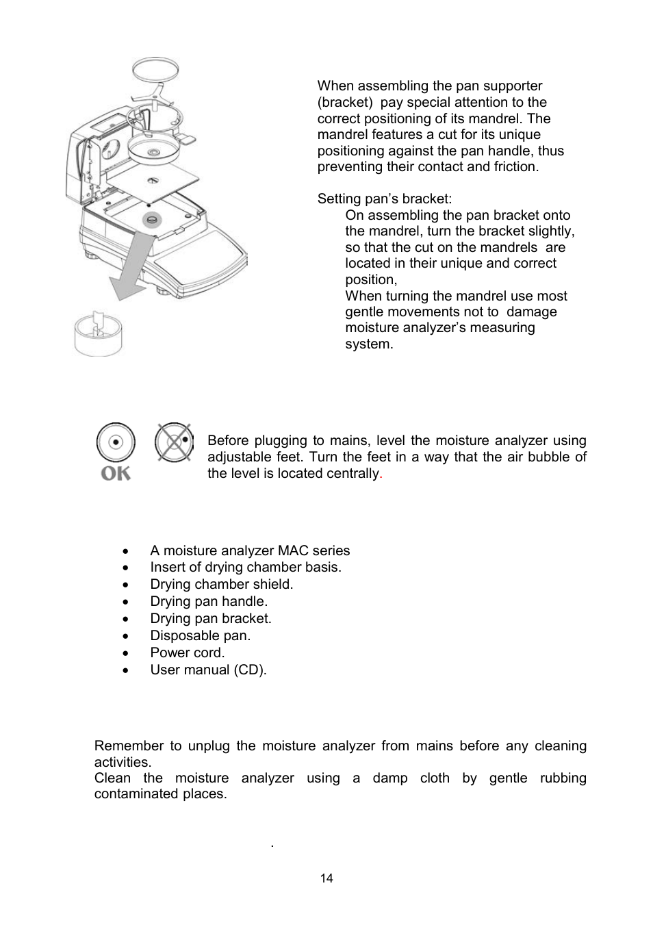 Level setting, Standard delivery components, Cleaning | RADWAG MAC 210 Moisture Analyzer User Manual | Page 14 / 60
