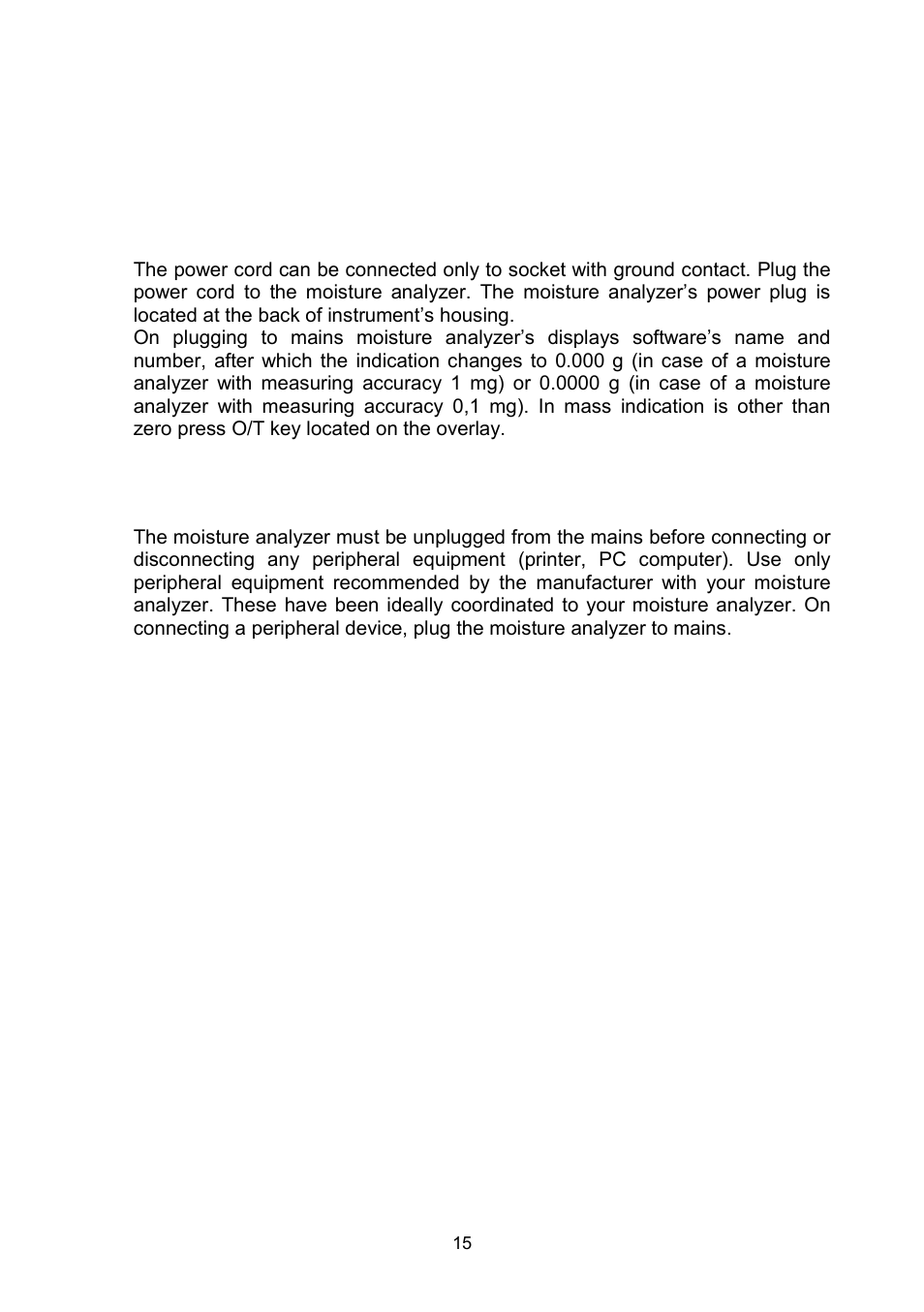 Plugging to mains, Connecting peripheral equipment | RADWAG MAC 210 Moisture Analyzer User Manual | Page 15 / 60