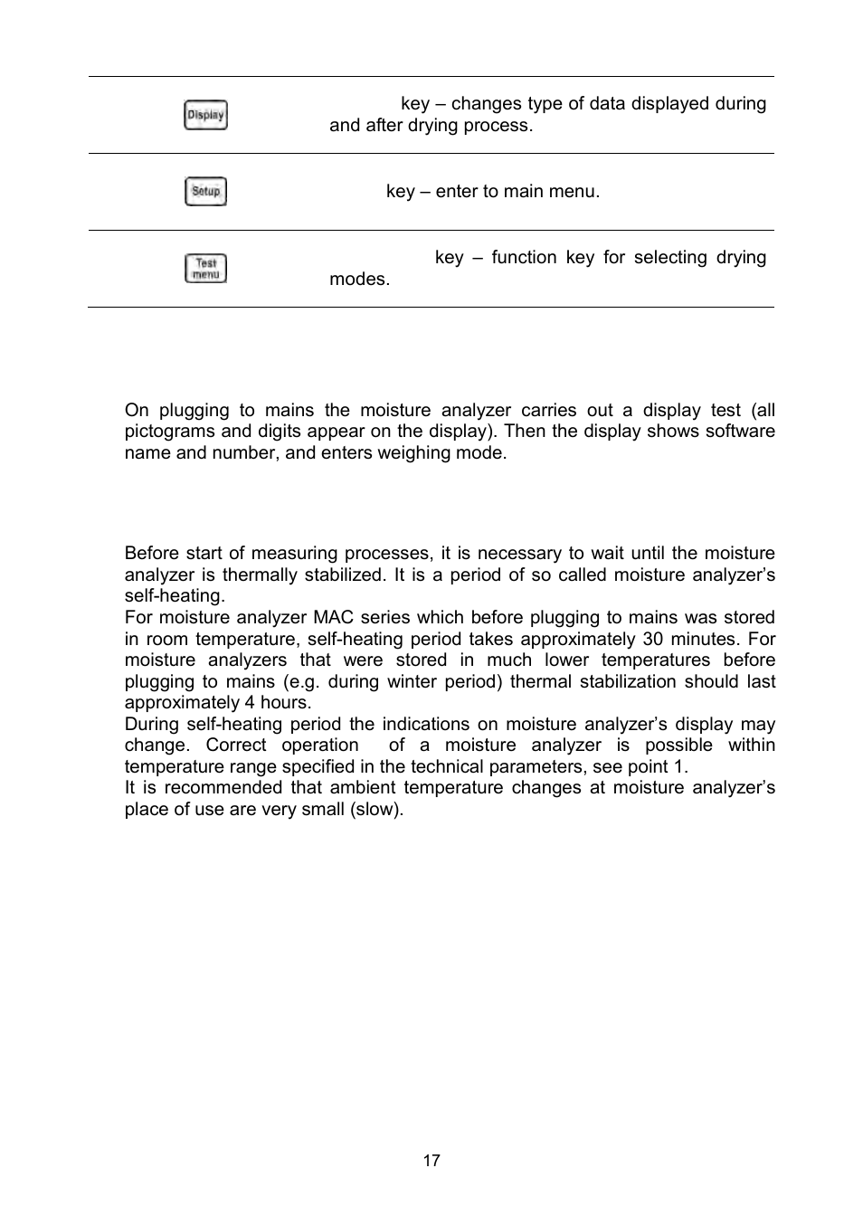 Start-up, Moisture analyzer temperature stabilization period | RADWAG MAC 210 Moisture Analyzer User Manual | Page 17 / 60
