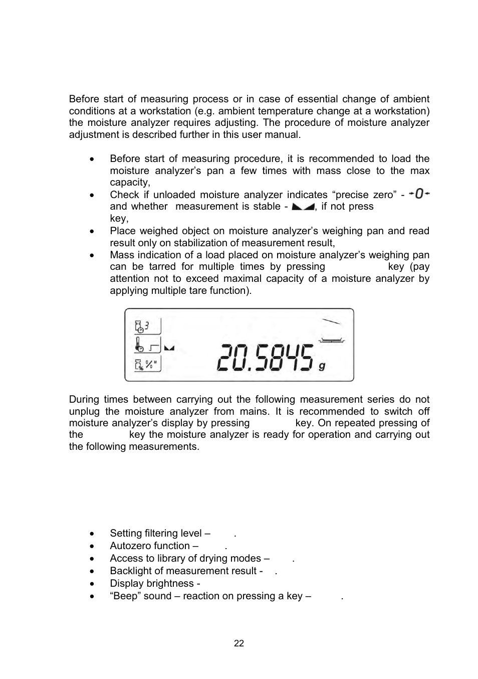 Weighing, Moisture analyzer main parameters. adjusting, Moisture analyzer operation to ambient | Conditions at a workstation | RADWAG MAC 210 Moisture Analyzer User Manual | Page 22 / 60