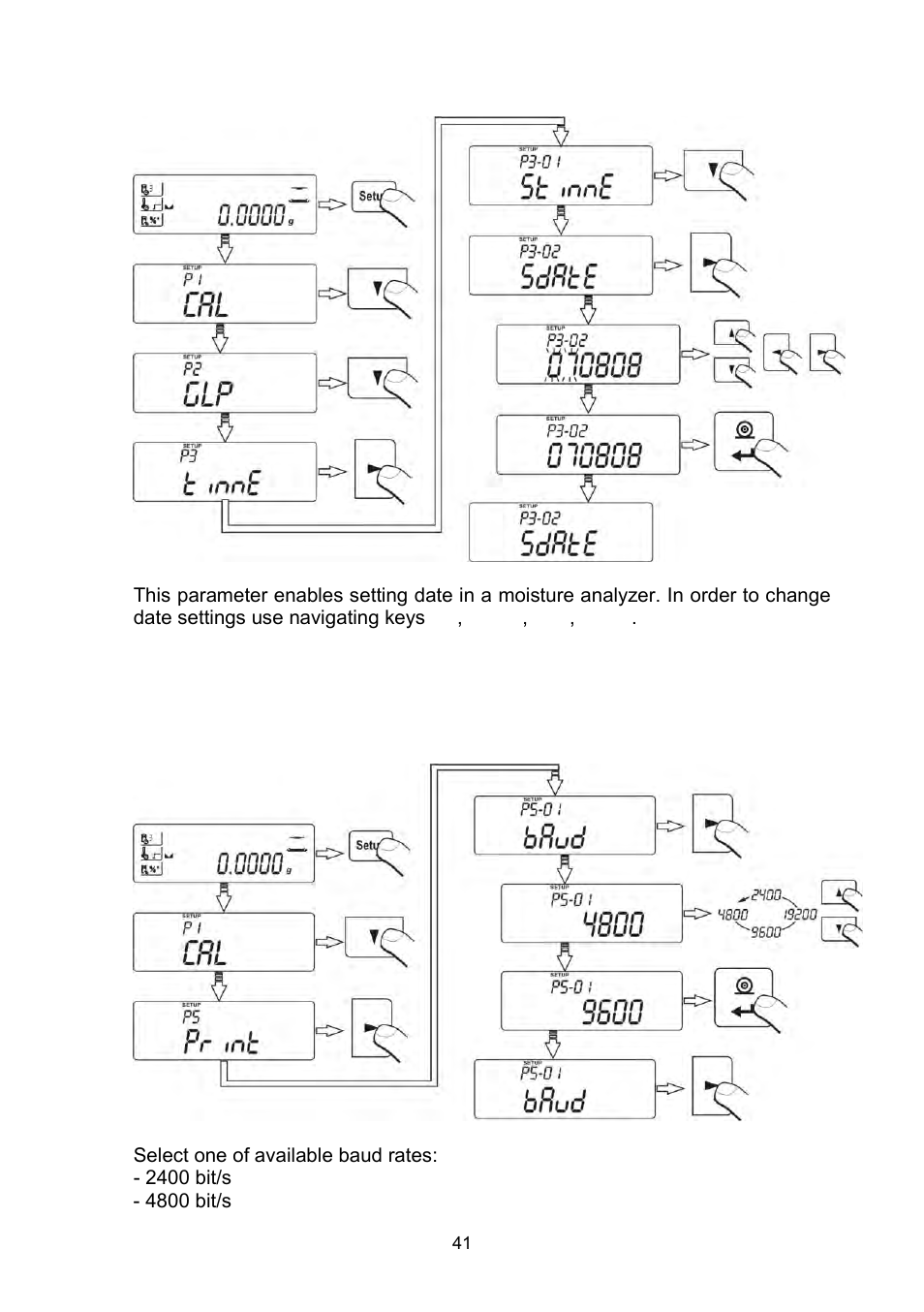 Setting date, Rs 232 functions, Baud rate setting | RADWAG MAC 210 Moisture Analyzer User Manual | Page 41 / 60
