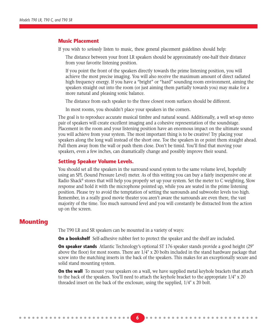 Mounting | Atlantic Technology LOUDSPEAKER T90 LR User Manual | Page 6 / 8