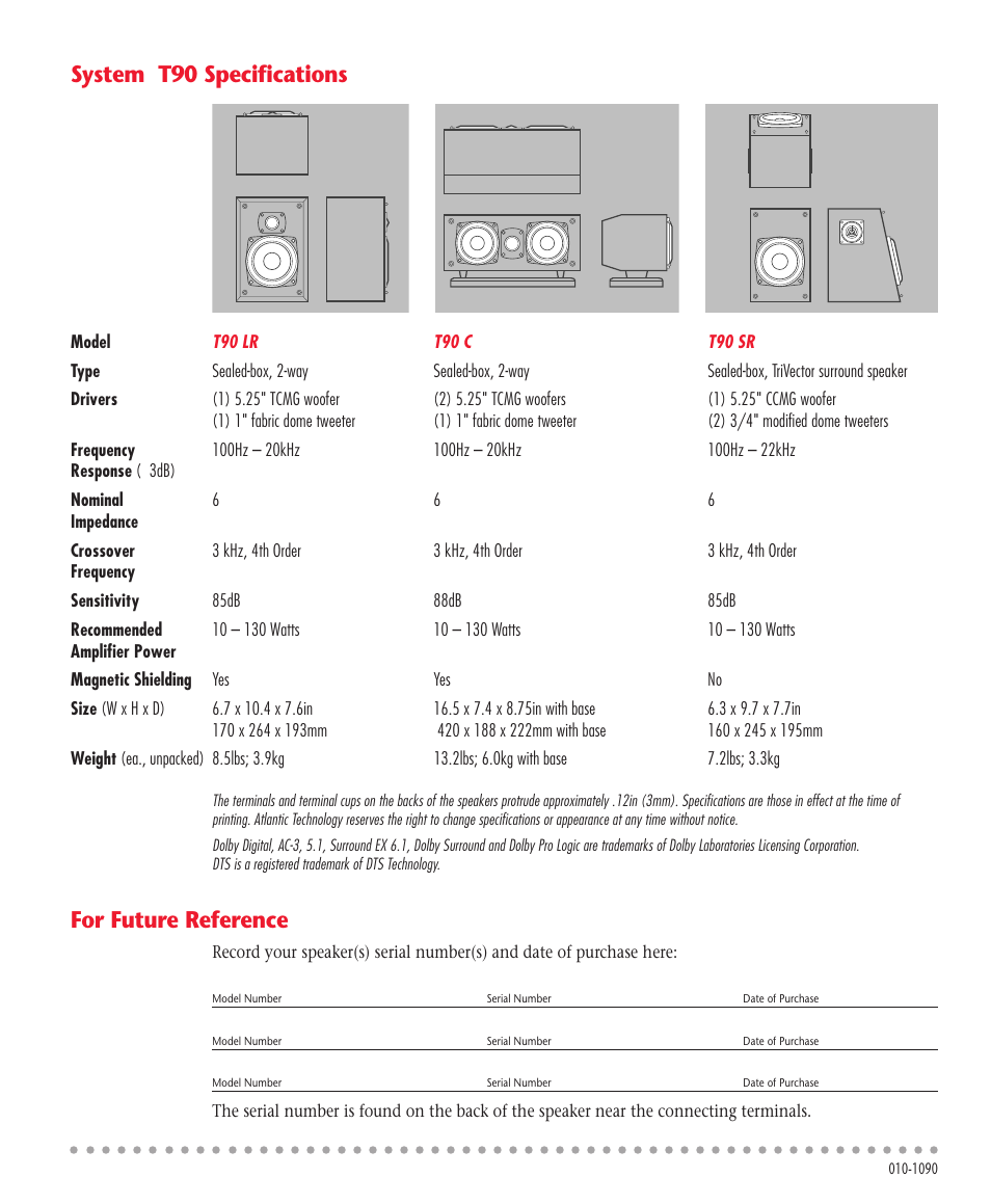 Atlantic technology, For future reference, System t90 specifications | Atlantic Technology LOUDSPEAKER T90 LR User Manual | Page 8 / 8