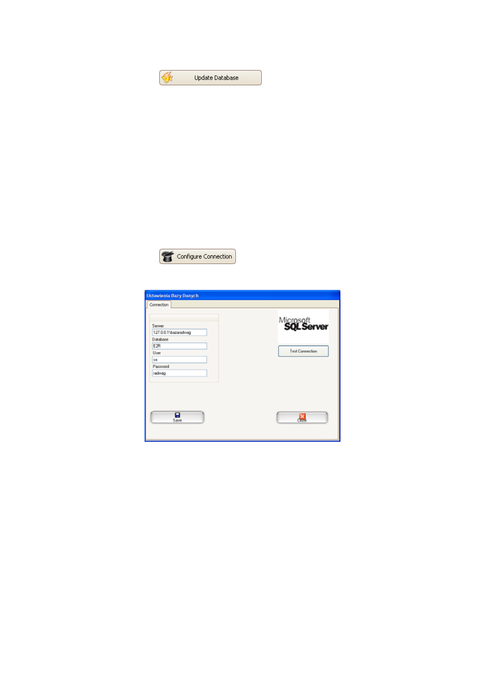 Updating the database, Connection configuration | RADWAG E2R Weighing Records User Manual | Page 25 / 59