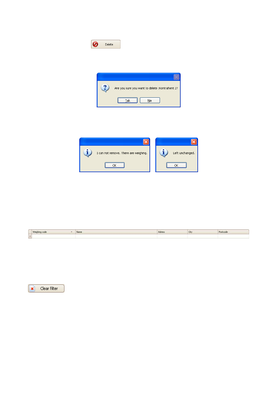 Deleting contractors, Filtering and searching contractors | RADWAG E2R Weighing Records User Manual | Page 42 / 59