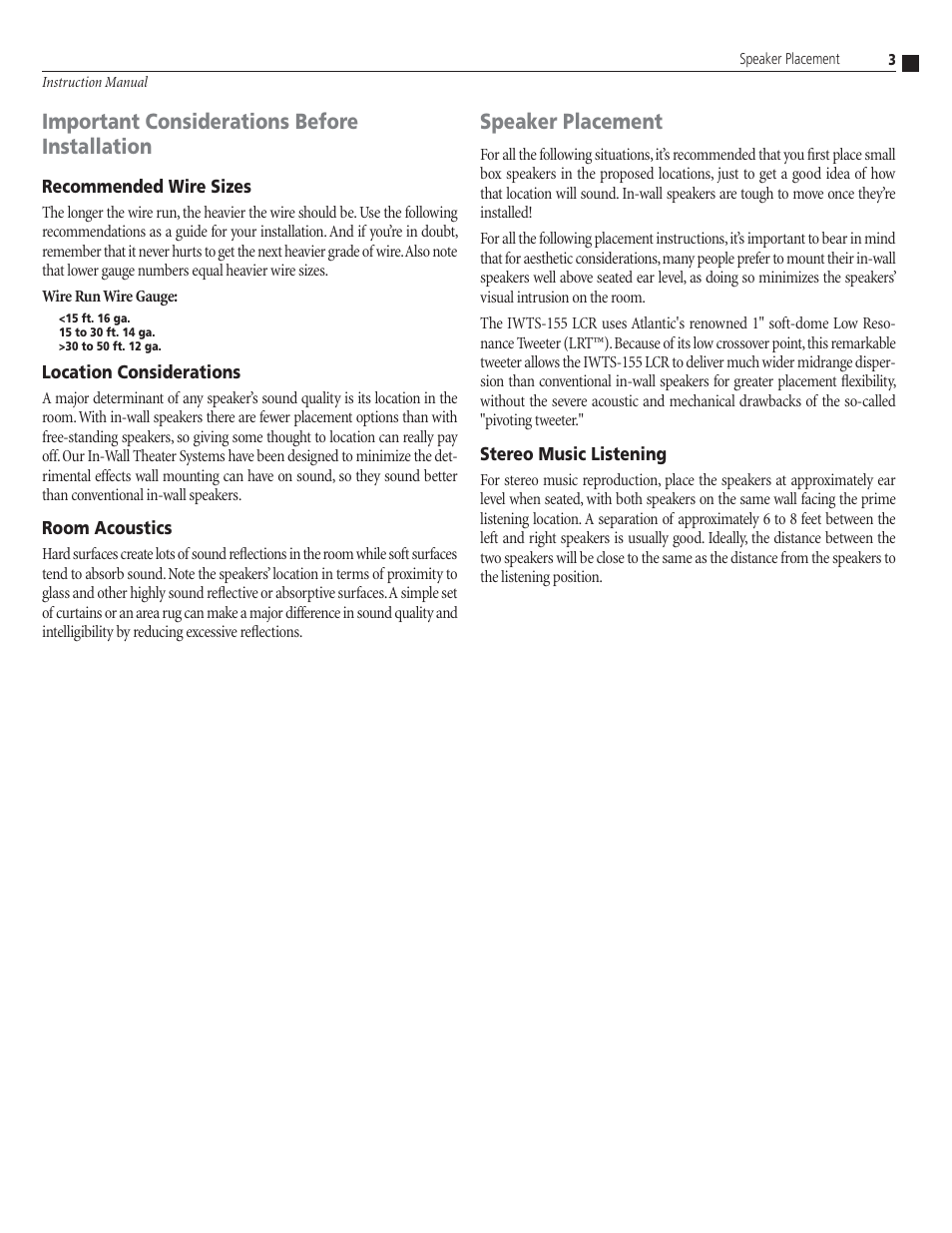 Important considerations before installation, Speaker placement | Atlantic Technology IWTS-155 User Manual | Page 3 / 8