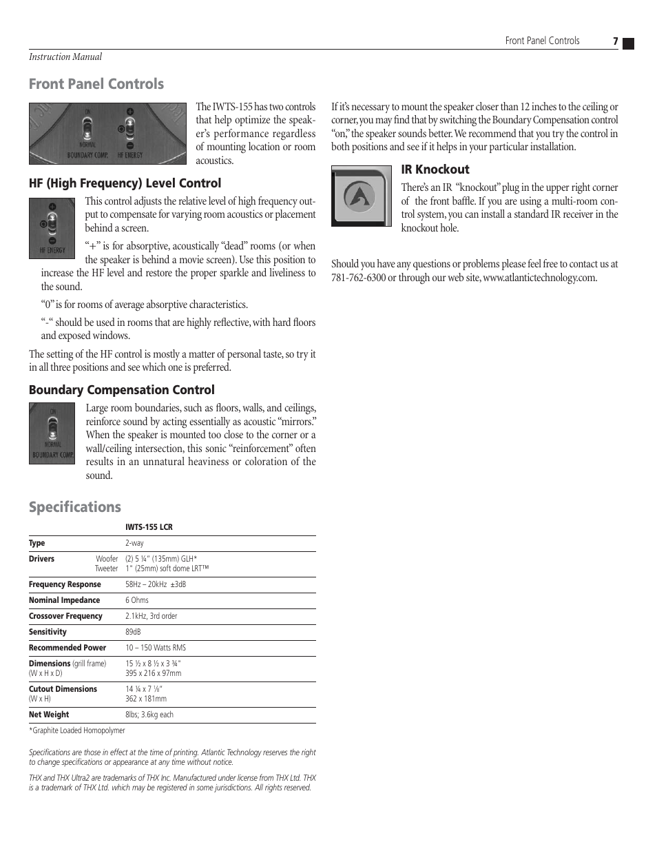 Front panel controls, Specifications, Hf (high frequency) level control | Boundary compensation control, Ir knockout | Atlantic Technology IWTS-155 User Manual | Page 7 / 8