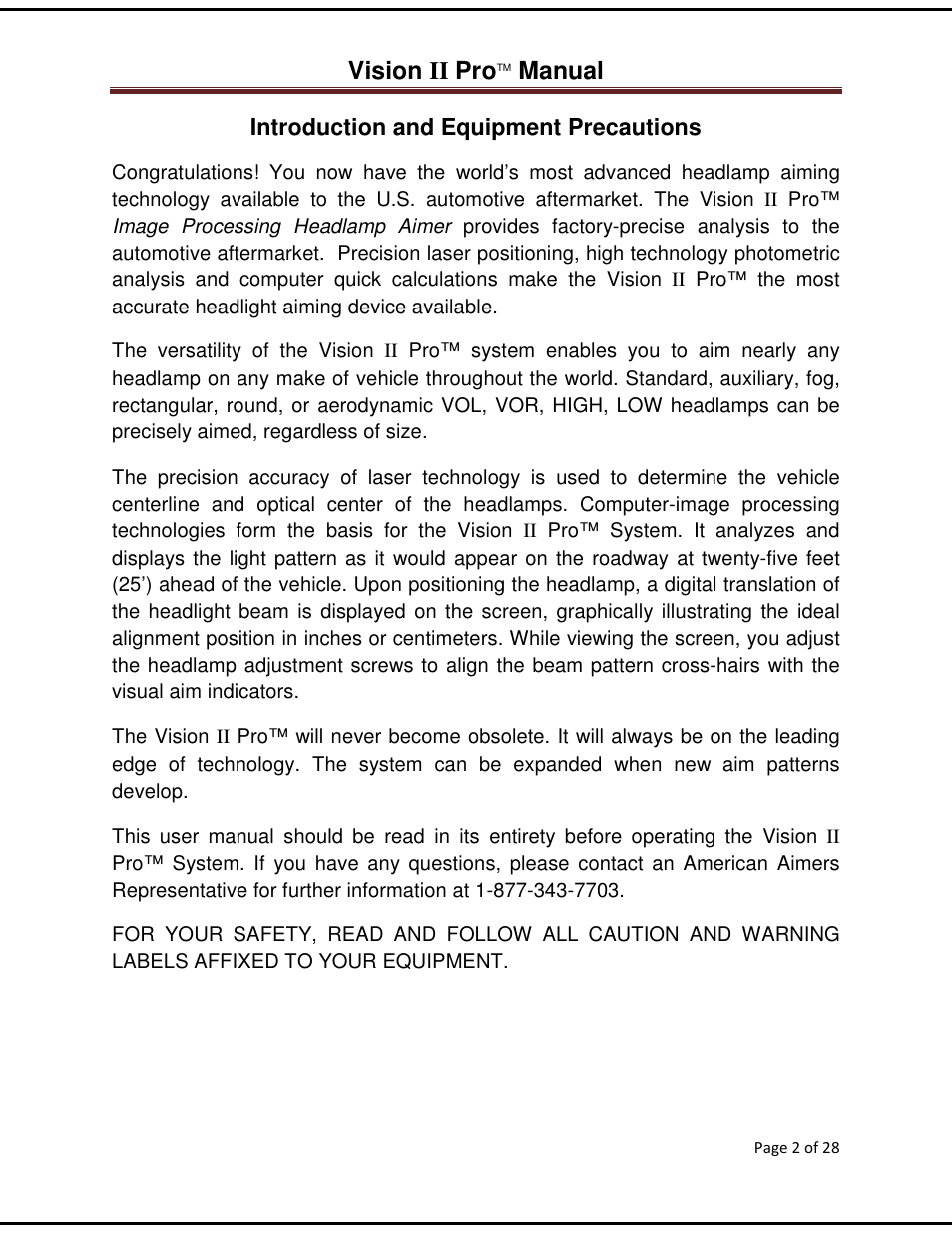 Vision ii pro, Manual | American Aimers VIIPRO Image Processor Headlight Aimer User Manual | Page 2 / 28