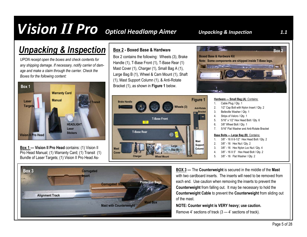 Vision ii pro, Unpacking & inspection, Optical headlamp aimer | Unpacking & inspection 1.1, Box 2 - boxed base & hardw, Box 3 | American Aimers VIIPRO Image Processor Headlight Aimer User Manual | Page 5 / 28