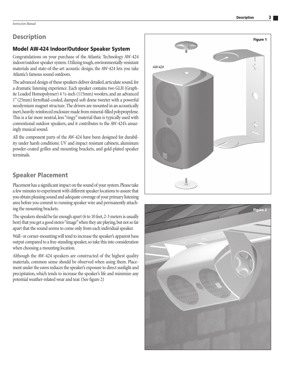 Description, Speaker placement | Atlantic Technology AW-424 User Manual | Page 3 / 8