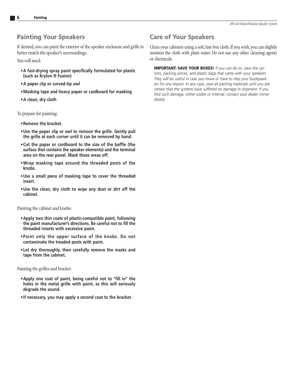 Care of your speakers, Painting your speakers | Atlantic Technology AW-424 User Manual | Page 6 / 8