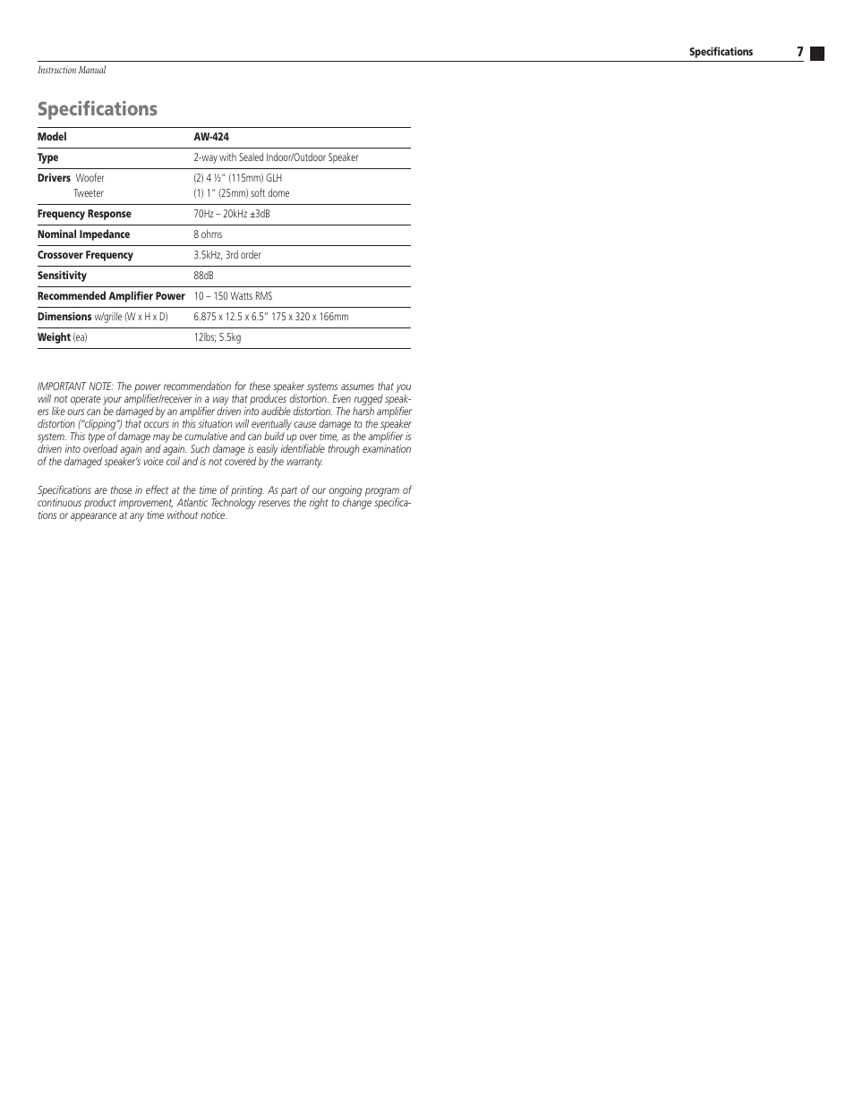 Speciﬁcations | Atlantic Technology AW-424 User Manual | Page 7 / 8