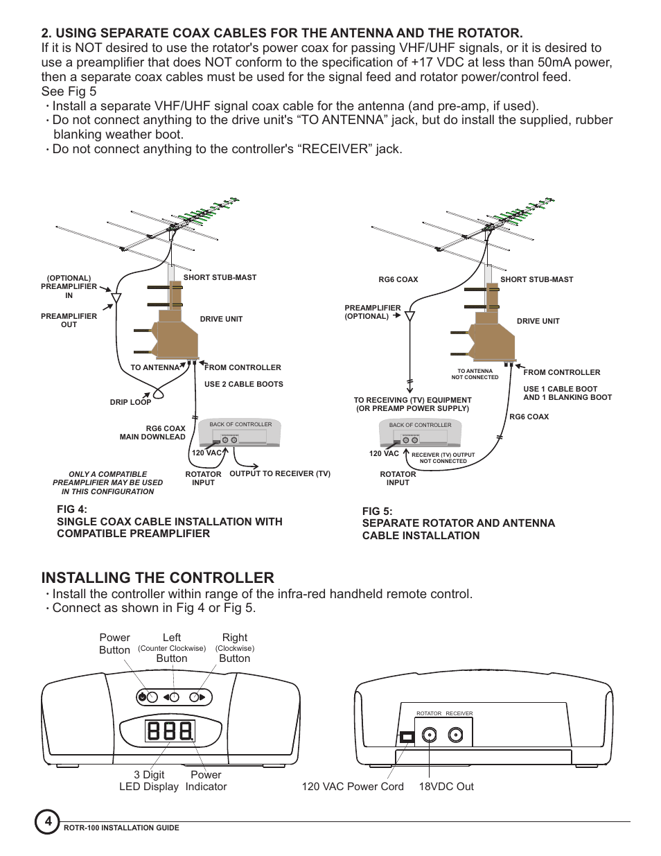 Installing the controller, Power button left, Button right | Button 3 digit led display power indicator | Antennas Direct ROTR100 User Manual | Page 4 / 8