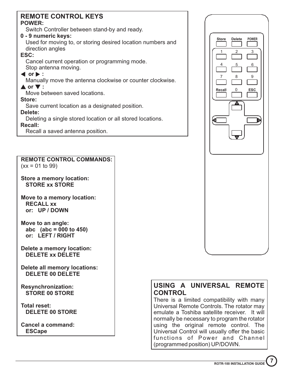 Remote control keys, Using a universal remote control | Antennas Direct ROTR100 User Manual | Page 7 / 8