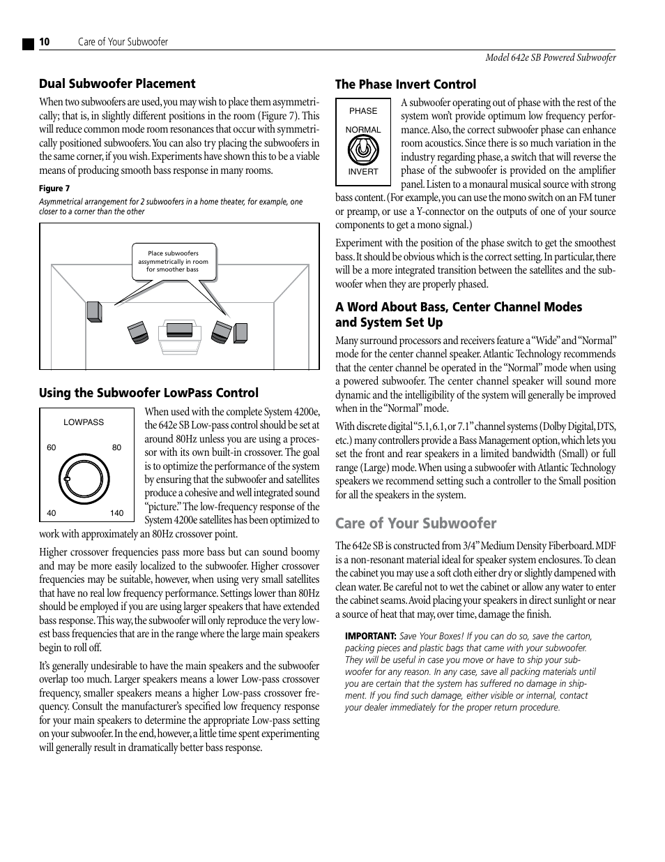 Care of your subwoofer, Dual subwoofer placement, The phase invert control | Using the subwoofer lowpass control | Atlantic Technology 642e SB User Manual | Page 10 / 12