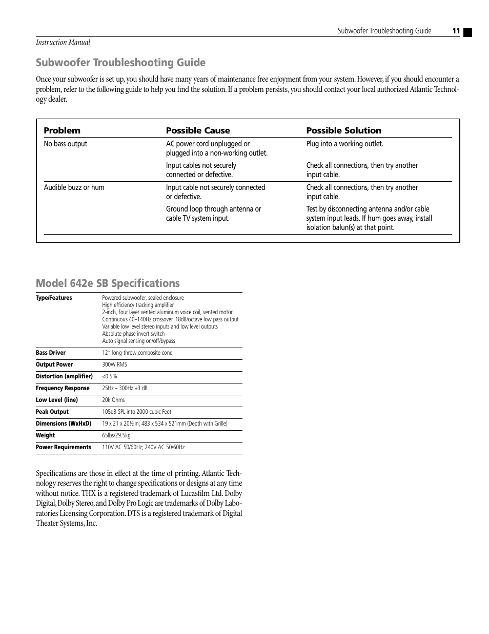 Subwoofer troubleshooting guide, Model 64e sb specifications | Atlantic Technology 642e SB User Manual | Page 11 / 12