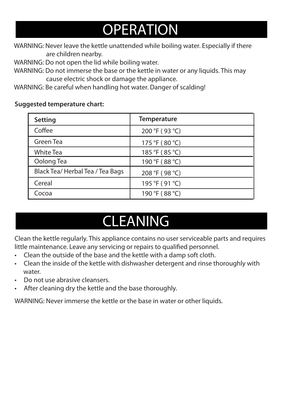 Operation cleaning | Bonavita BV382517V User Manual | Page 8 / 10