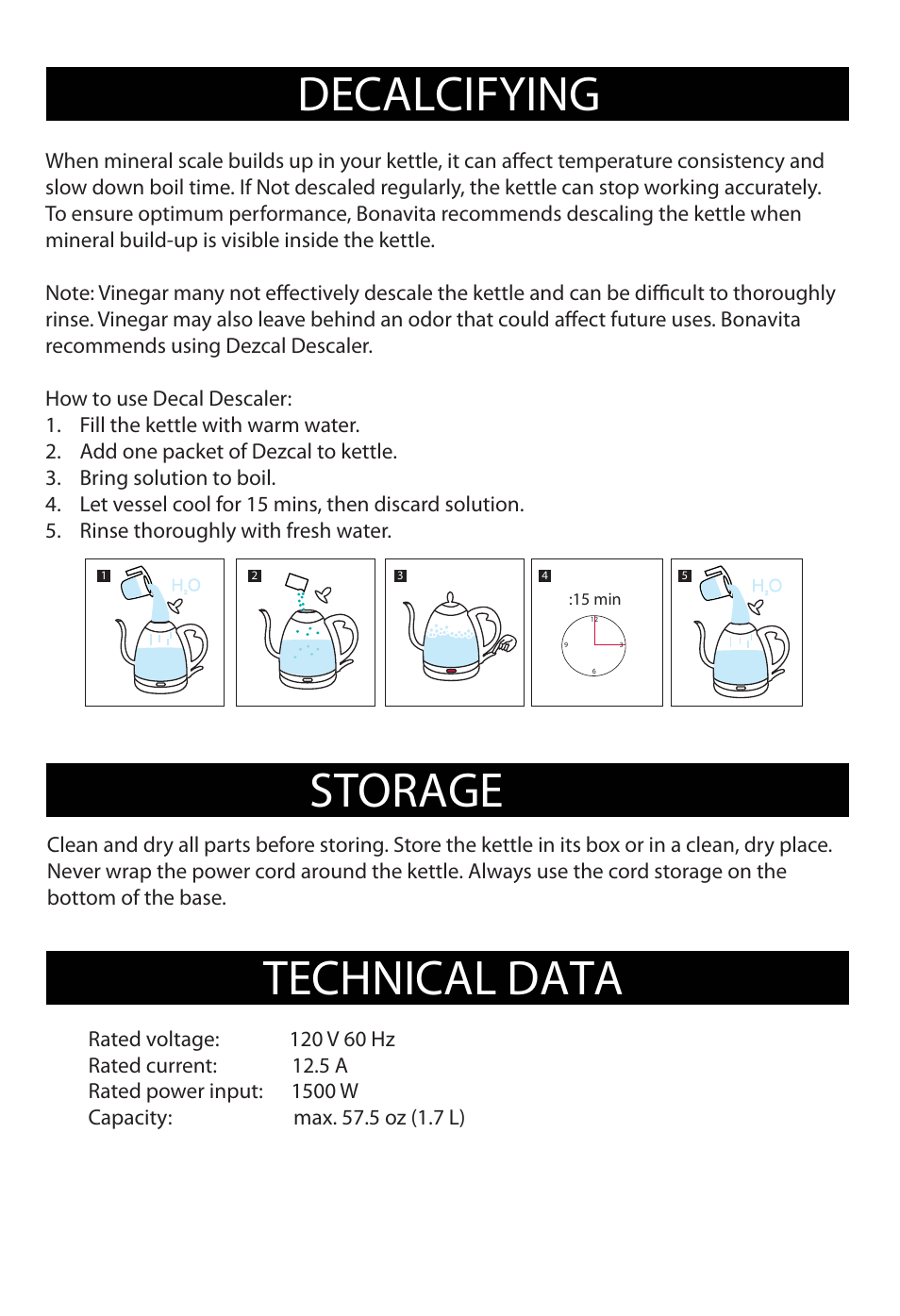 Decalcifying storage technical data | Bonavita BV382517V User Manual | Page 9 / 10