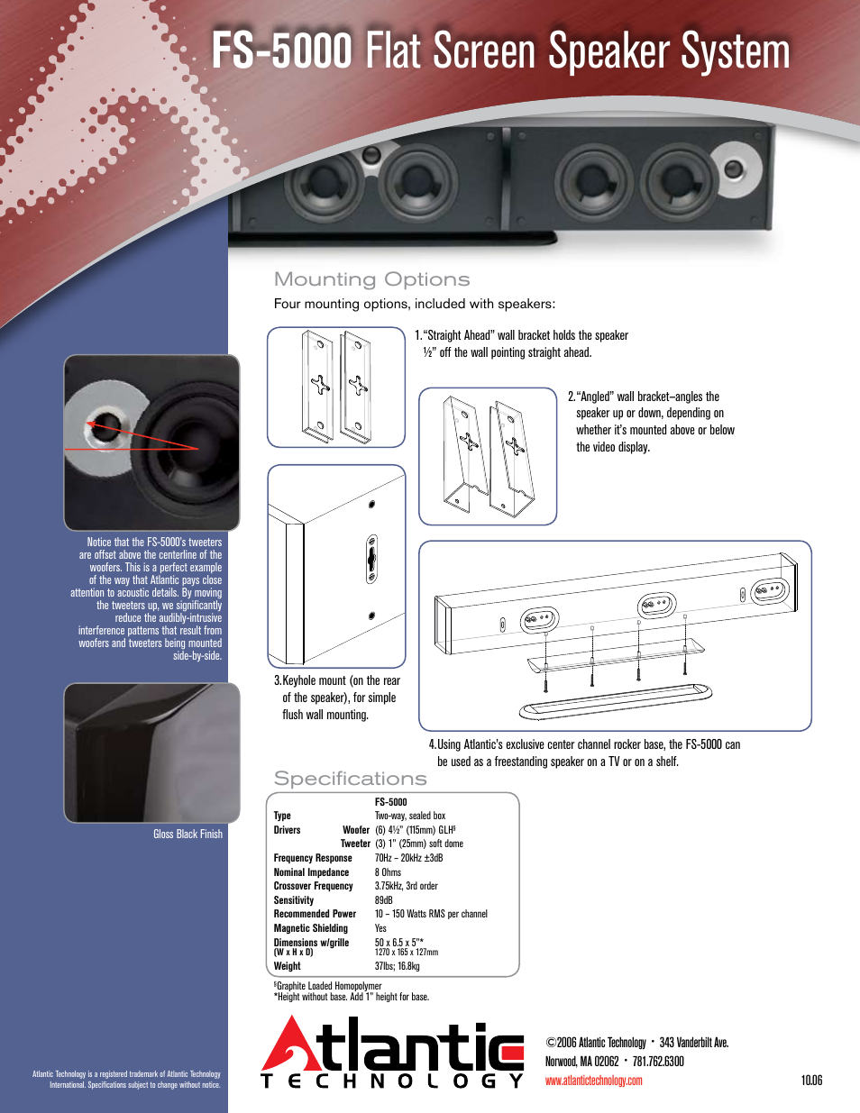 Fs-5000 flat screen speaker system, Specifications, Mounting options | Atlantic Technology FS-5000 User Manual | Page 2 / 2