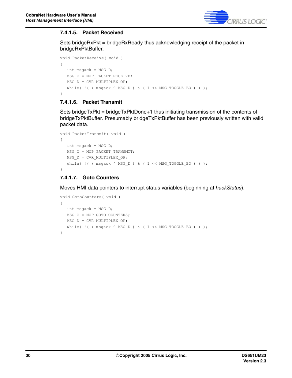 Packet received, Packet transmit, Goto counters | Cirrus Logic CS1810xx User Manual | Page 30 / 54