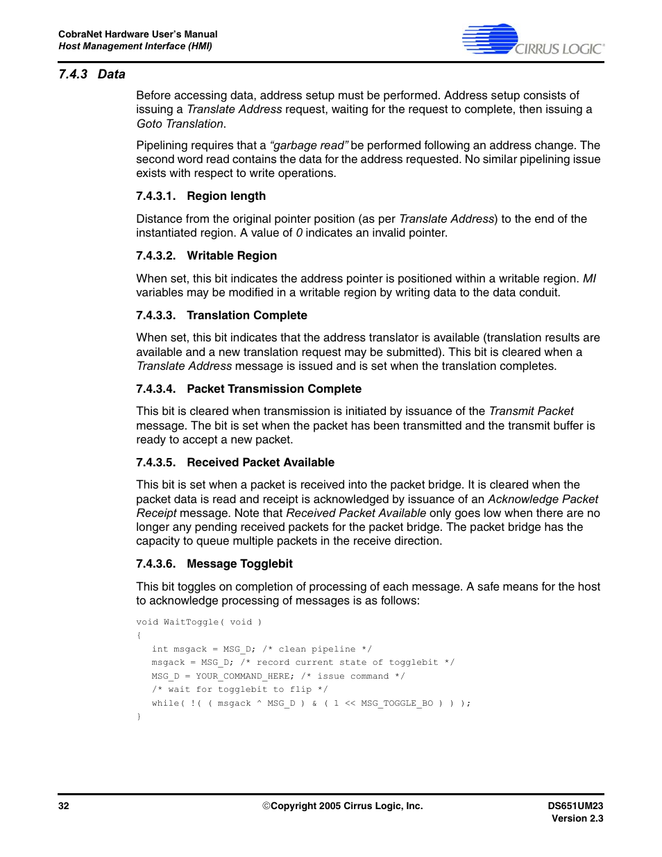 3 data, Region length, Writable region | Translation complete, Packet transmission complete, Received packet available, Message togglebit | Cirrus Logic CS1810xx User Manual | Page 32 / 54