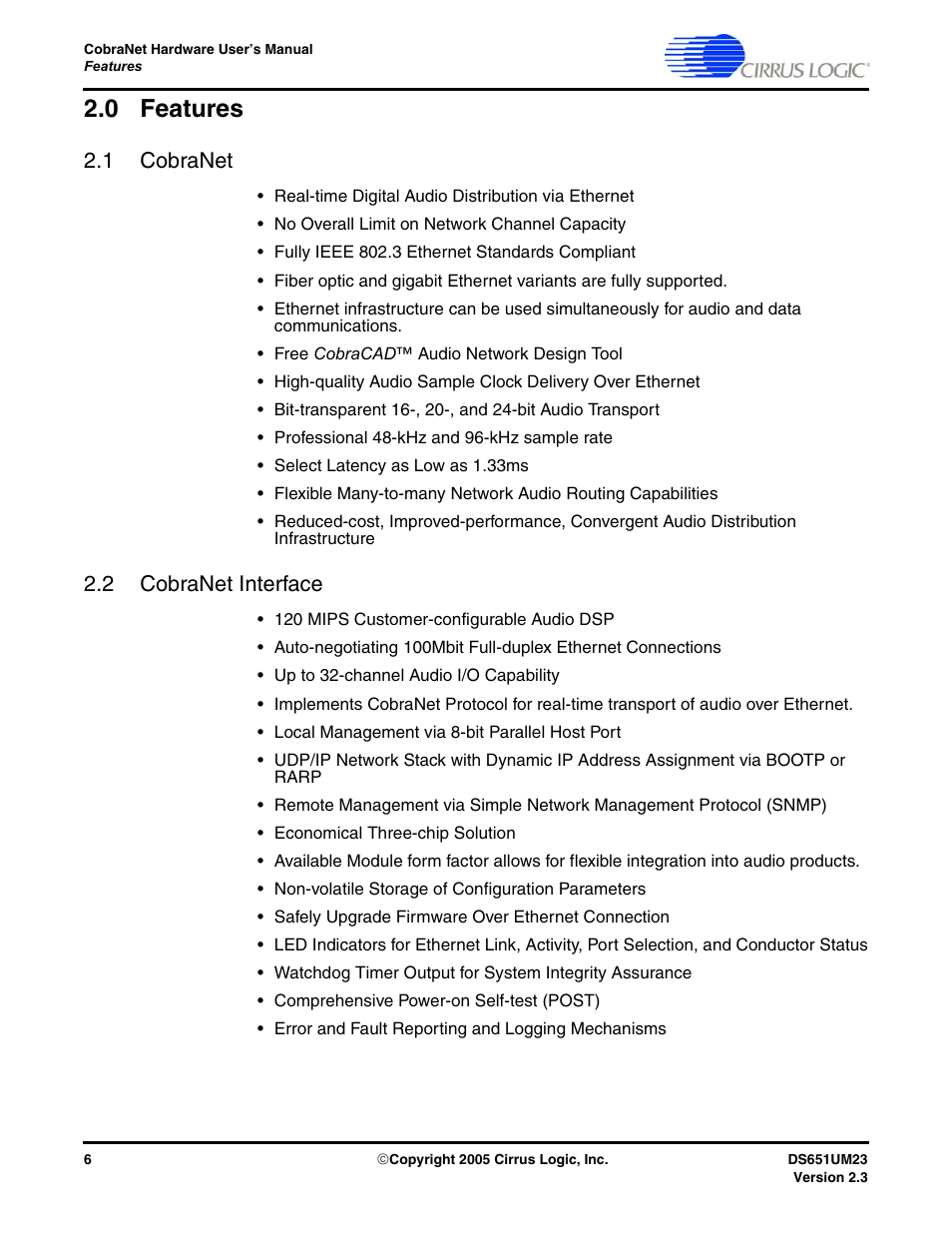 0 features, 1 cobranet, 2 cobranet interface | 1 cobranet 2.2 cobranet interface | Cirrus Logic CS1810xx User Manual | Page 6 / 54