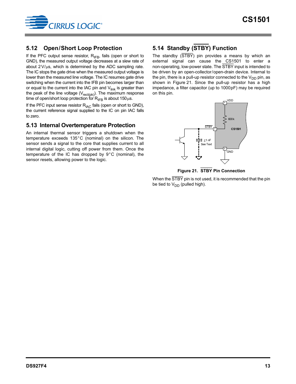 12 open / short loop protection, 13 internal overtemperature protection, 14 standby (stby) function | Cs1501, 12 open/short loop protection | Cirrus Logic CS1501 User Manual | Page 13 / 16
