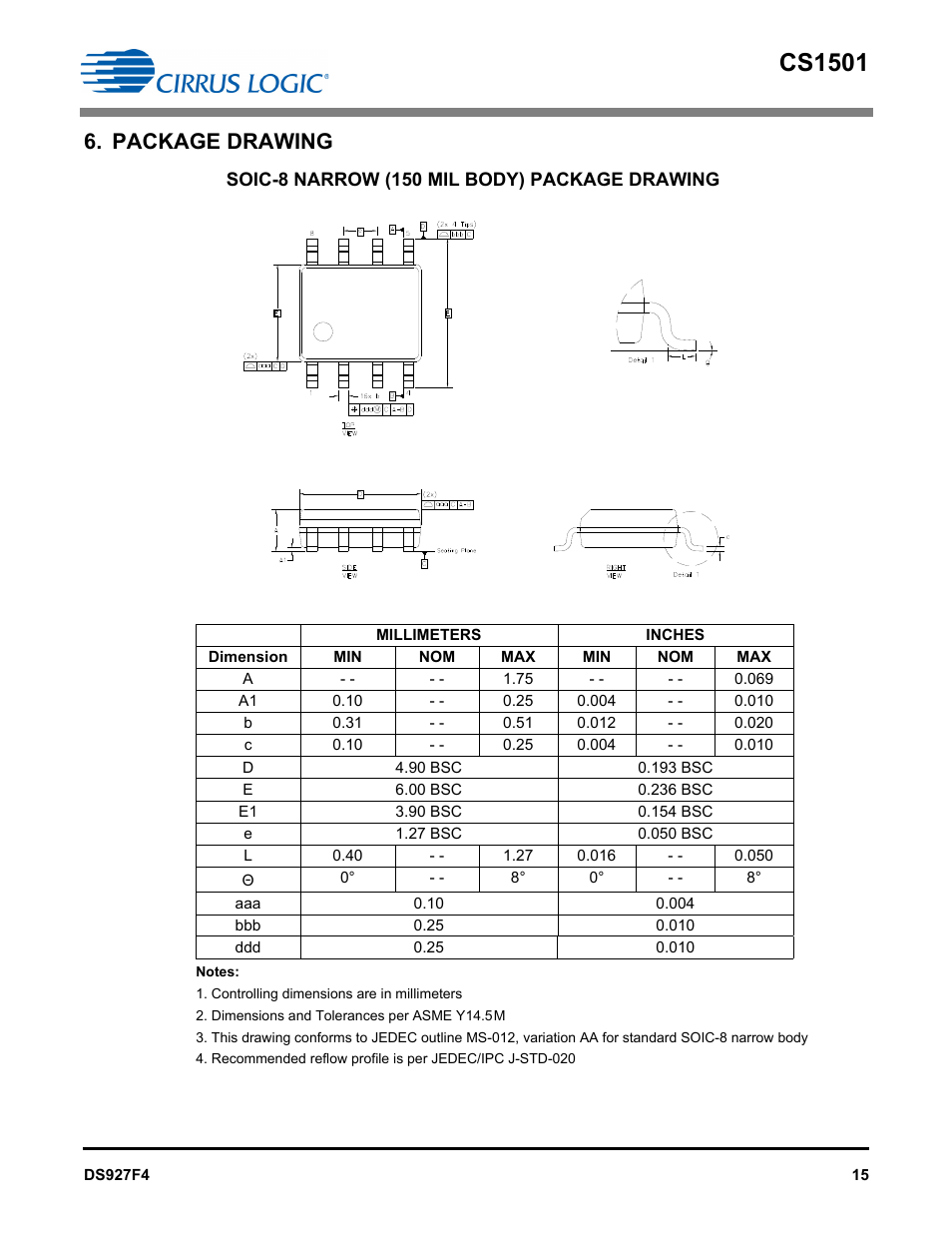 Package drawing, Cs1501 | Cirrus Logic CS1501 User Manual | Page 15 / 16