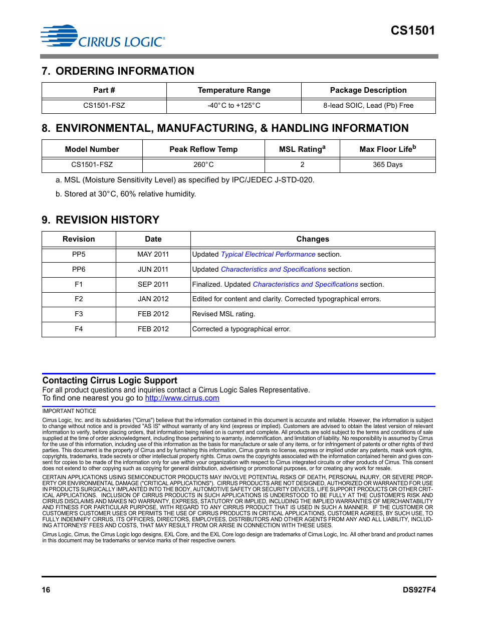 Ordering information, Revision history, Cs1501 | Contacting cirrus logic support | Cirrus Logic CS1501 User Manual | Page 16 / 16