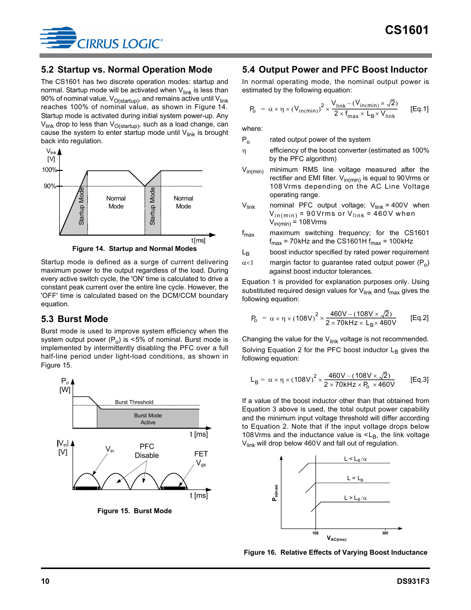 2 startup vs. normal operation mode, 3 burst mode, 4 output power and pfc boost inductor | Cs1601 | Cirrus Logic CS1601H User Manual | Page 10 / 16