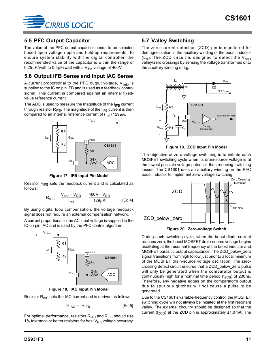 5 pfc output capacitor, 6 output ifb sense and input iac sense, 7 valley switching | Cs1601, Zcd_below _zero | Cirrus Logic CS1601H User Manual | Page 11 / 16