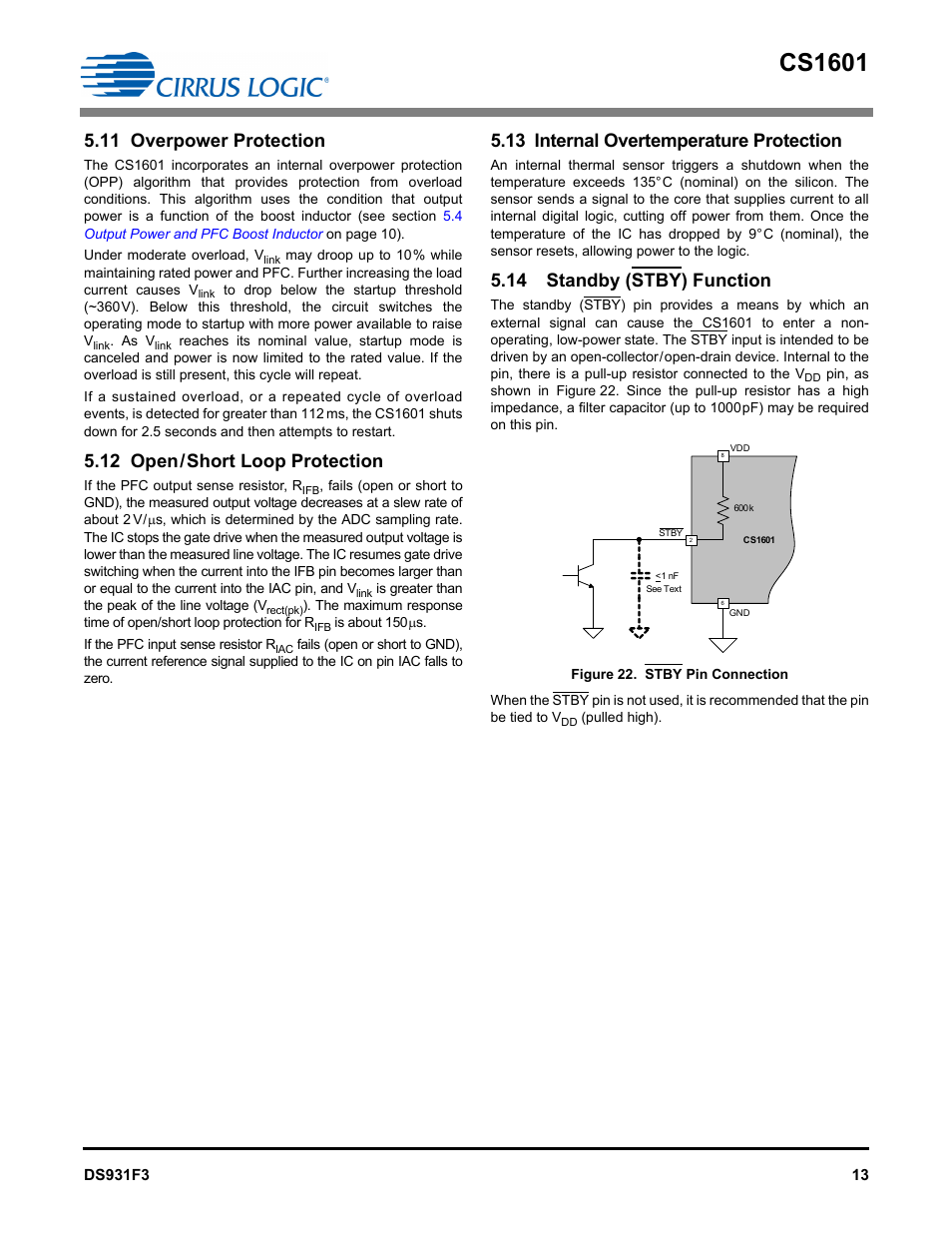 11 overpower protection, 12 open / short loop protection, 13 internal overtemperature protection | 14 standby (stby) function, Cs1601, 12 open/short loop protection | Cirrus Logic CS1601H User Manual | Page 13 / 16