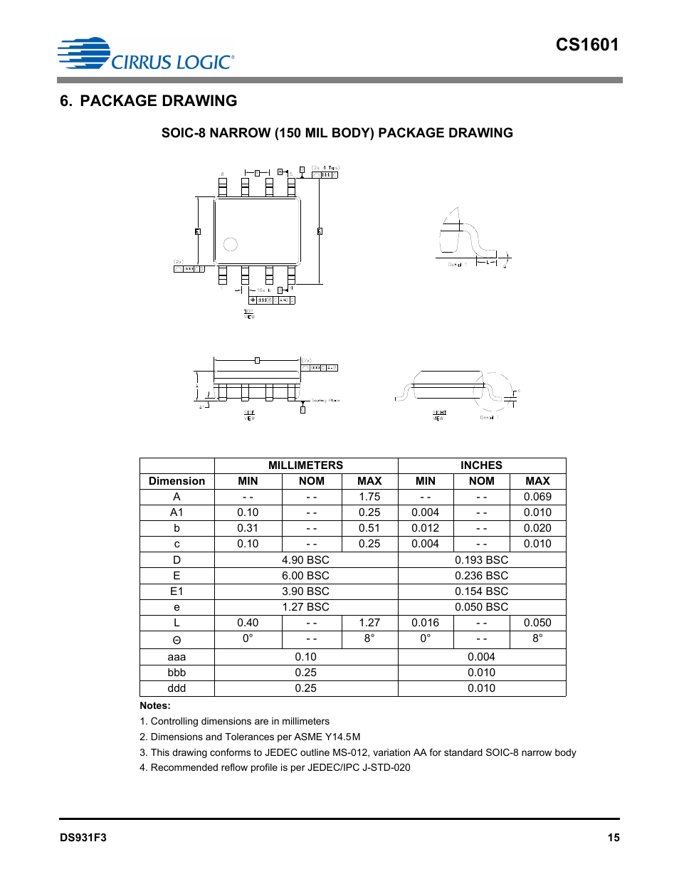 Package drawing, Cs1601 | Cirrus Logic CS1601H User Manual | Page 15 / 16