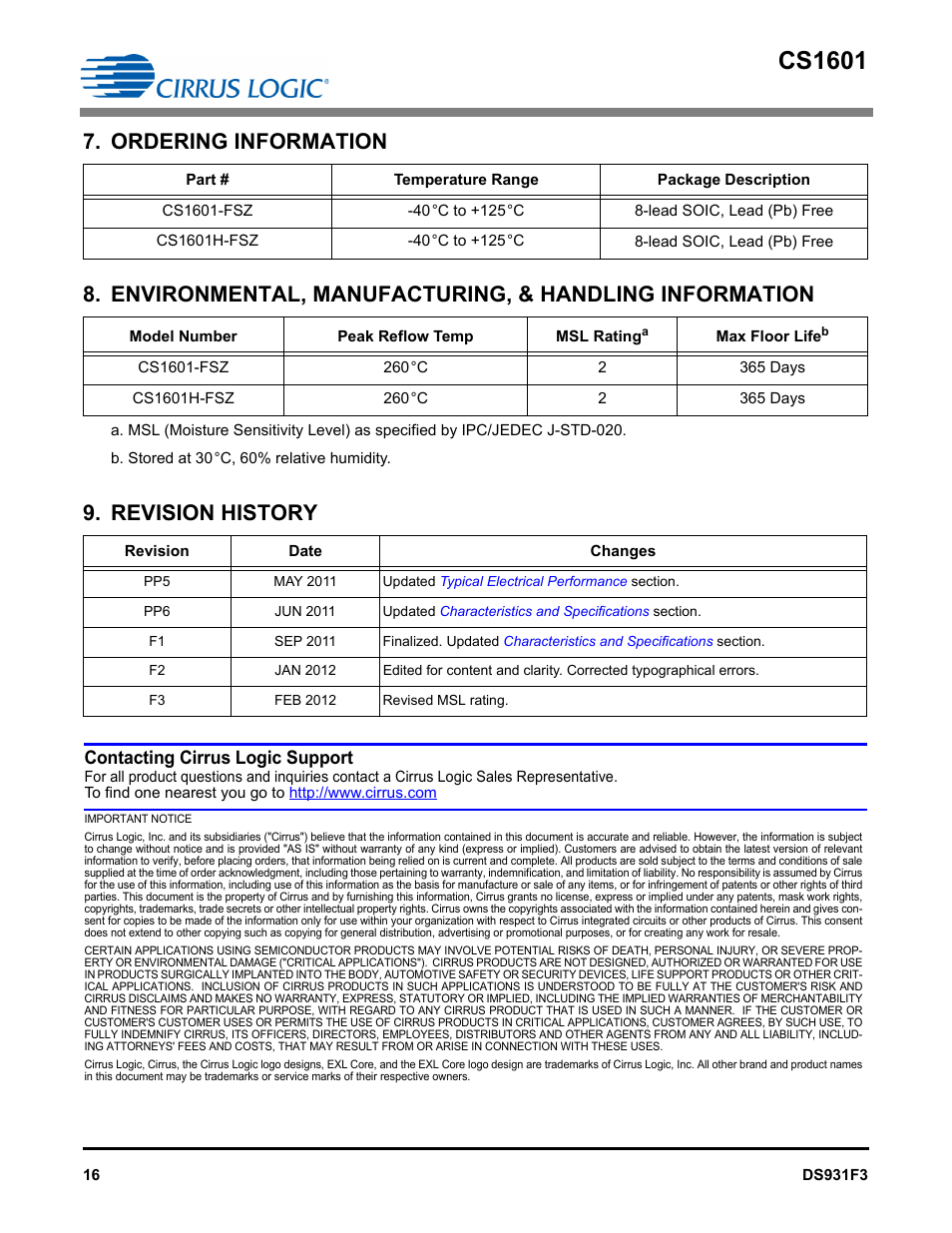 Ordering information, Revision history, Cs1601 | Contacting cirrus logic support | Cirrus Logic CS1601H User Manual | Page 16 / 16