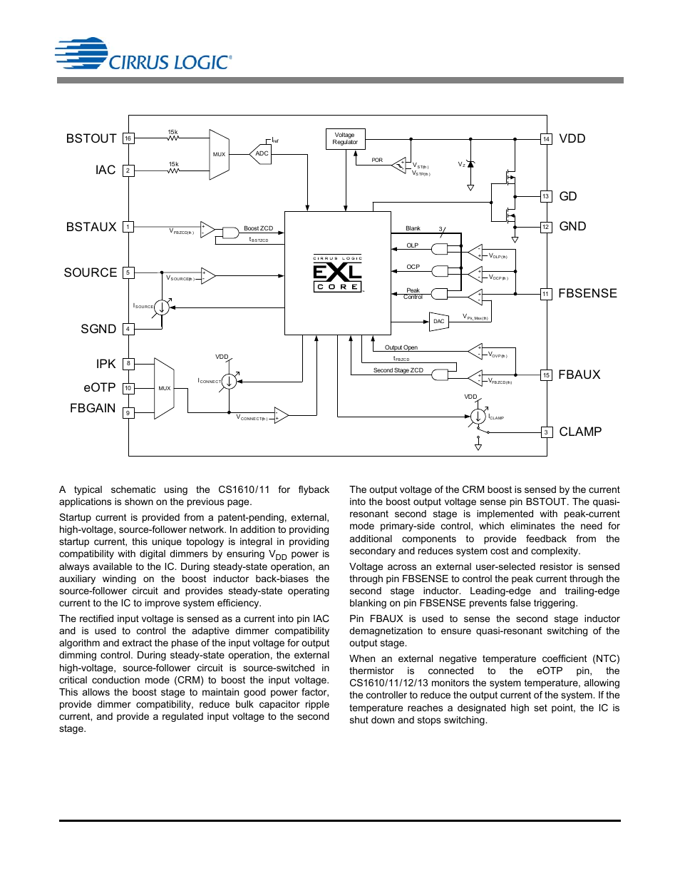 Introduction, Fbsense, Fbaux | Bstout, Clamp, Sgnd, Source, Fbgain, Ipk eotp, Bstaux | Cirrus Logic CS1613 User Manual | Page 2 / 16