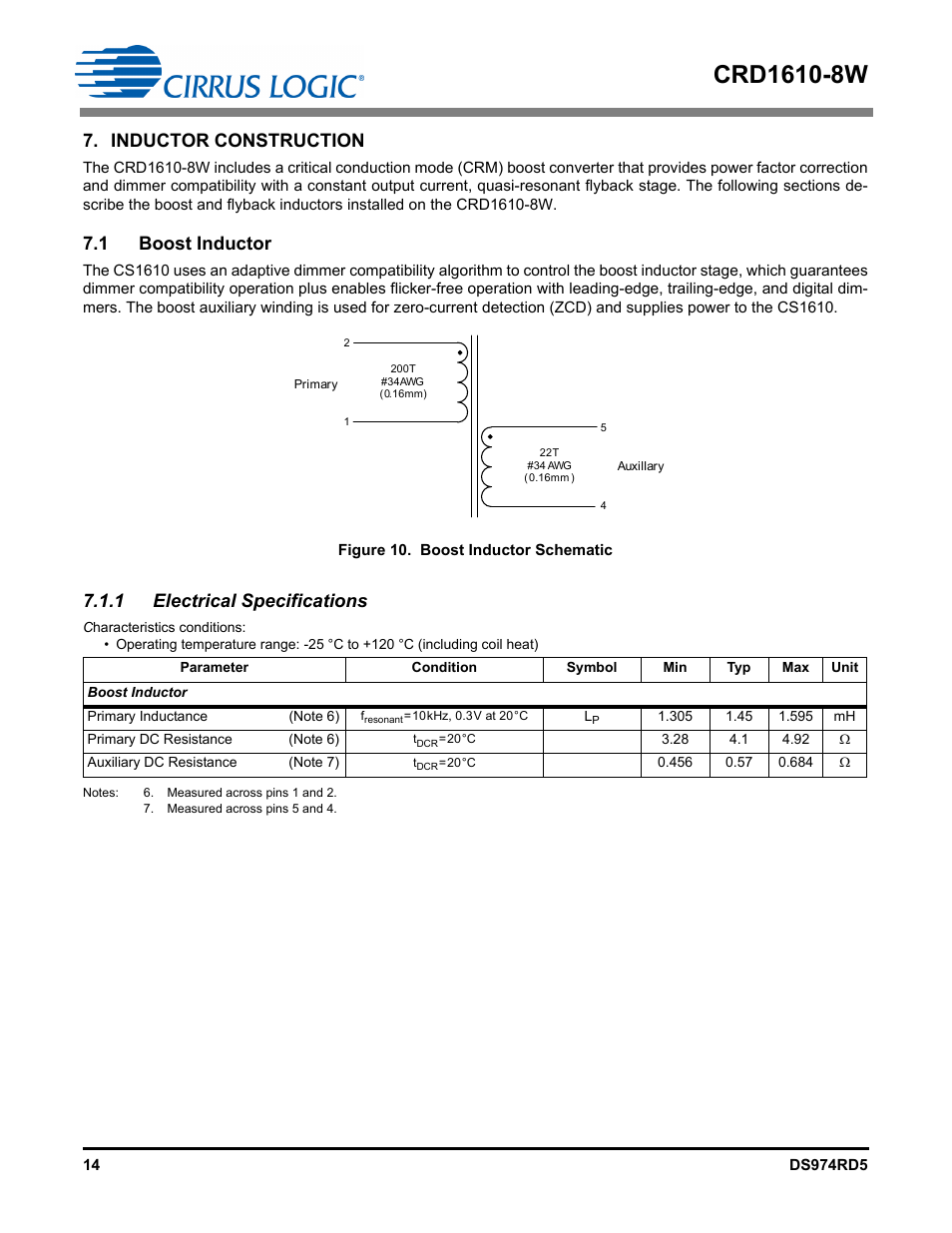 Inductor construction, 1 boost inductor, 1 electrical specifications | Cirrus Logic CRD1610-8W User Manual | Page 14 / 24