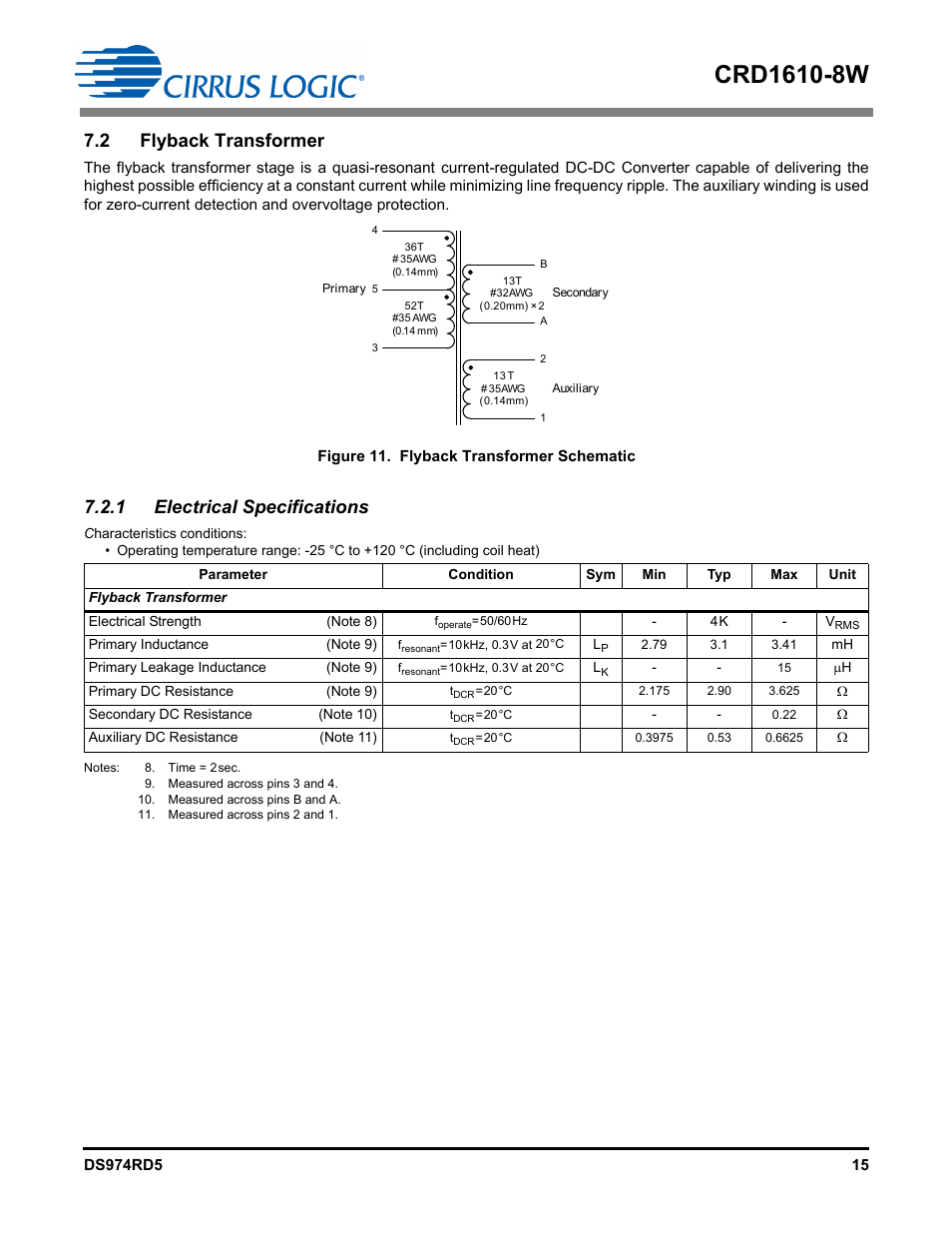 2 flyback transformer, 1 electrical specifications | Cirrus Logic CRD1610-8W User Manual | Page 15 / 24