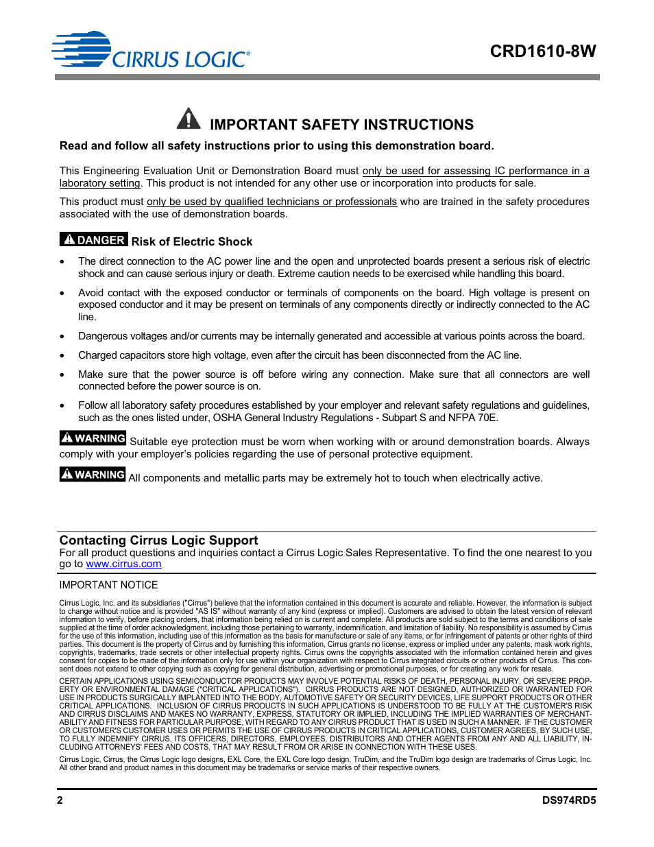 Important safety instructions, Contacting cirrus logic support | Cirrus Logic CRD1610-8W User Manual | Page 2 / 24